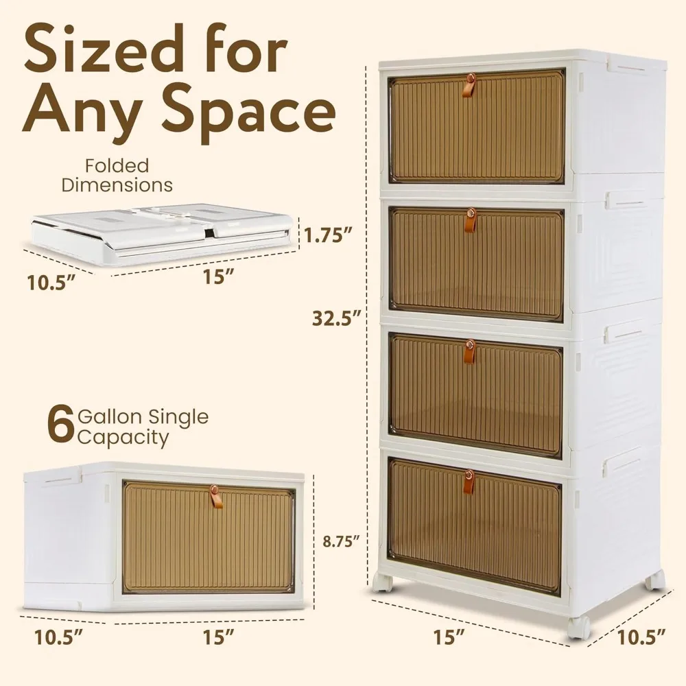 Organisateur de rangement empilable à 4 niveaux avec portes magnétiques, bacs pliables pour chambre à coucher, placard, dortoir - Capacité de 24 gallons