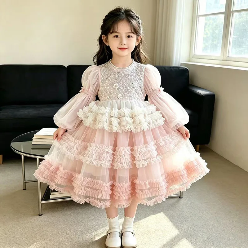 New spring and autumn collection: stylish long-sleeved dress for girls, featuring intricate embroidery, a voluminous tulle skirt