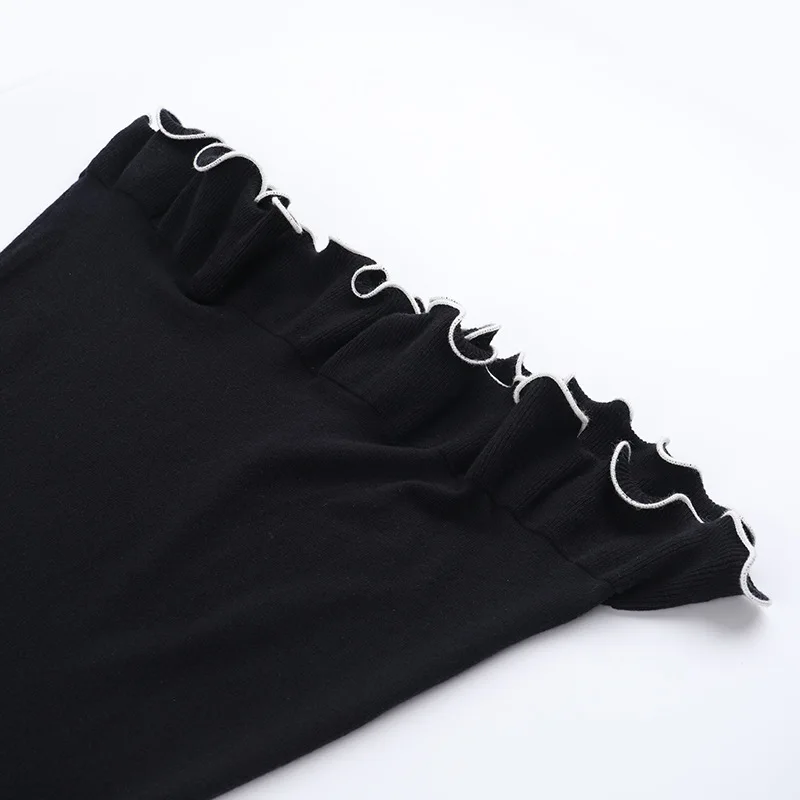 Preto elegante vestido curto feminino onda plissado sexy bodycon manga longa babados blusas de malha vestidos 2024 outono festa