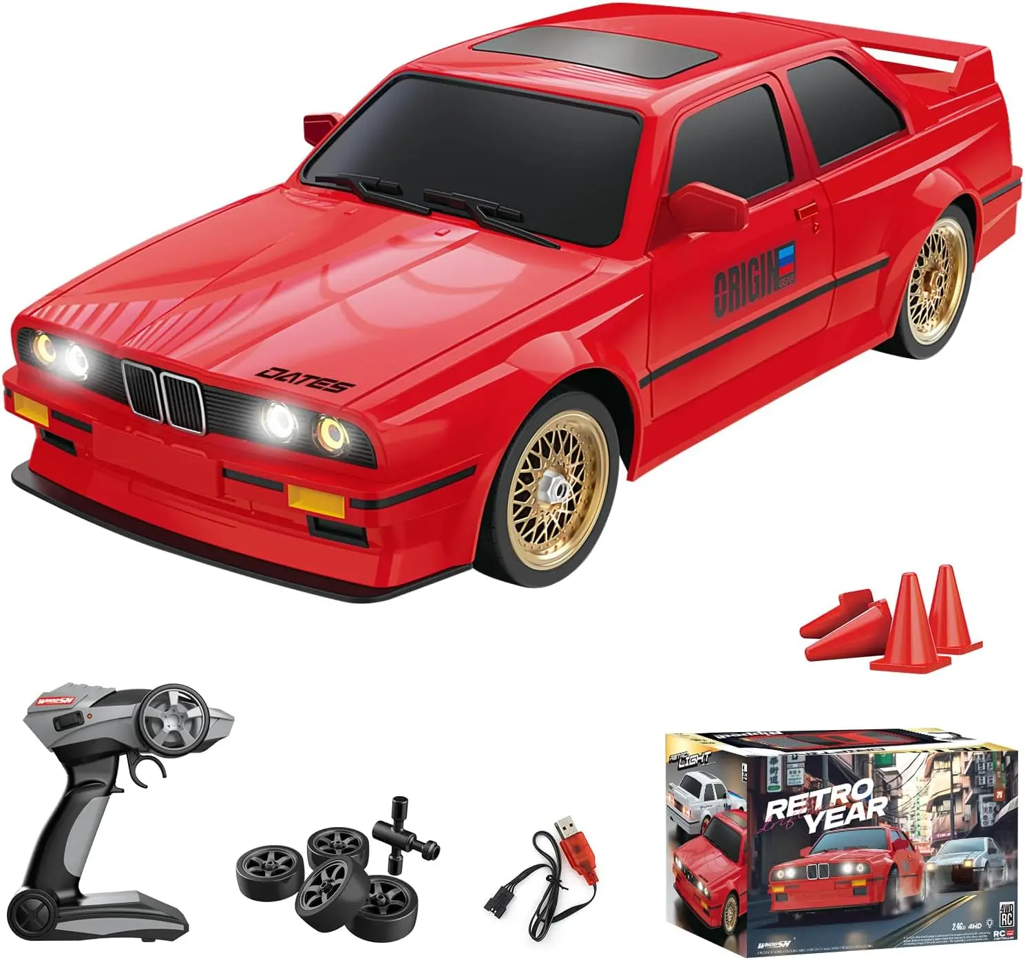 High-Speed 1:16 Scale 4WD RC Drift Car for Kids and Adults - 30KM/H 2.4Ghz RTR Racing Vehicle with LED Lights, Remote Control, Two Batteries, and Drift Tires Included - Sport Toy Gift for Boys Girls