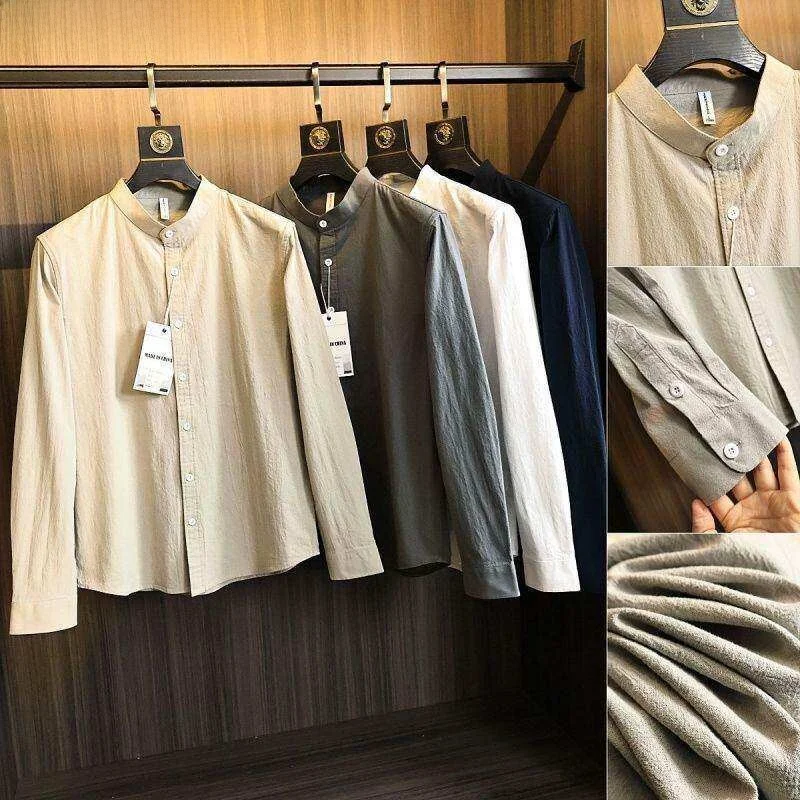 

Elegant Artistic Cotton Linen Weathered Washed 2025 Spring Men's Color Henry Collar Versatile Long Sleeve Shirt