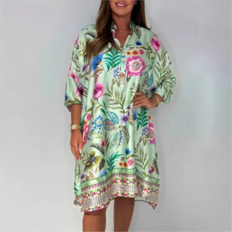 Frühling Sommer 2025, modisches neues bedrucktes Kleid für Frauen, V-Ausschnitt, mittlere Ärmel, mehrfarbig, lässig, bedruckt, Minikleid, Damenbekleidung