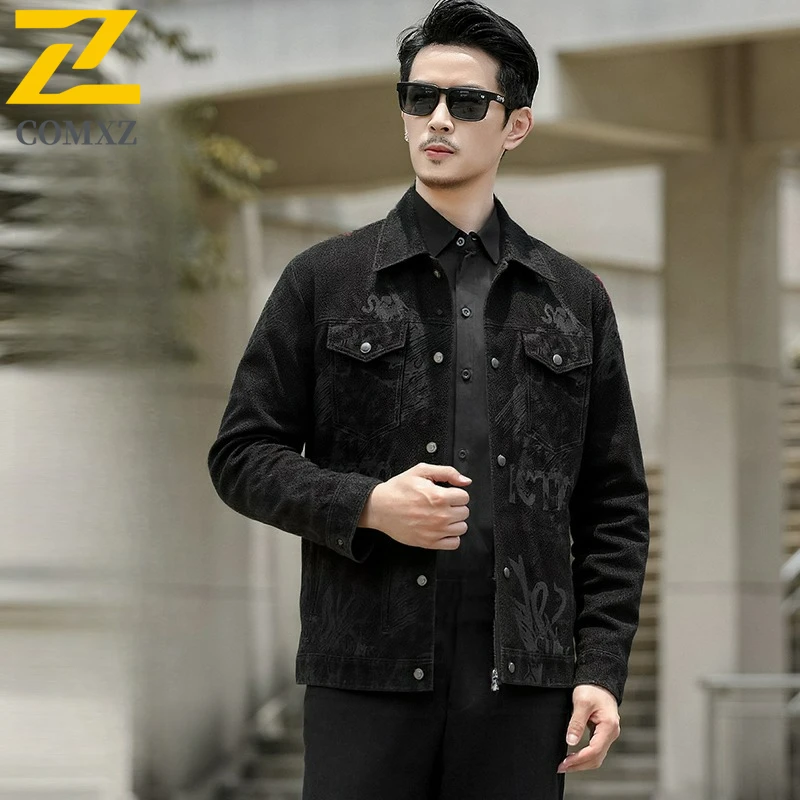 COMXZ Men Leather Jacket Lightw Luxurious Business Windproof Leather Coats Fashion Classics Notch Lapel Solid Color Autumn Coat​