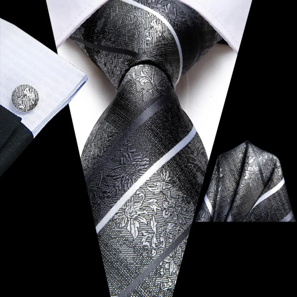 

Striped Black Grey Silk Wedding Tie For Men Handky Cufflink Gift Men Necktie Fashion Business Party Dropship Hi-Tie Design