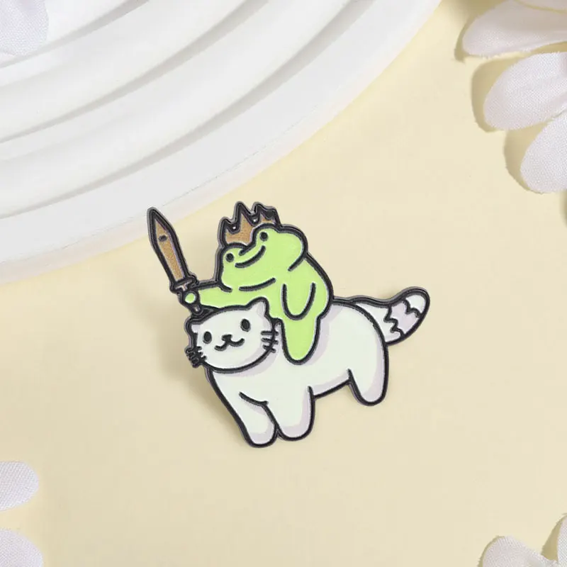Frog Knight Riding White Cat Mounts Enamel Pin Fantasy Fairy Tale Frog Wear Gold Crown With Sword Brooch Lapel Badge Jewelry Pin