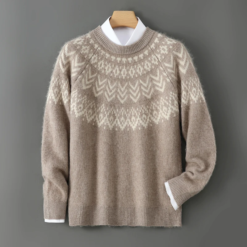 Winter 100% Pure Wool Men's Round Neck Color Matching Pullover Jacquard Casual Loose Padded Knit Bottoming Shirt