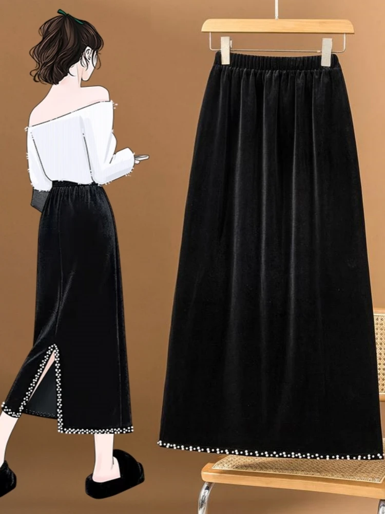 Black Velvet Asymmetrical Hem Skirt Women's Spring Autumn plus Size Conceals Hips High Waist Straight Cut Midi Skirt