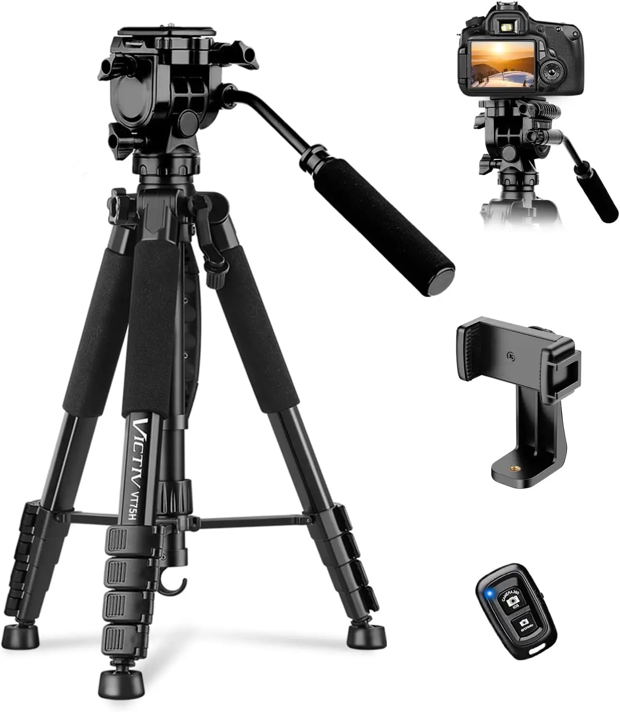 

75" Heavy Duty Camera Tripod with Phone Holder & Travel Bag, Compatible DSLR/GoPro/Max Load 16LB
