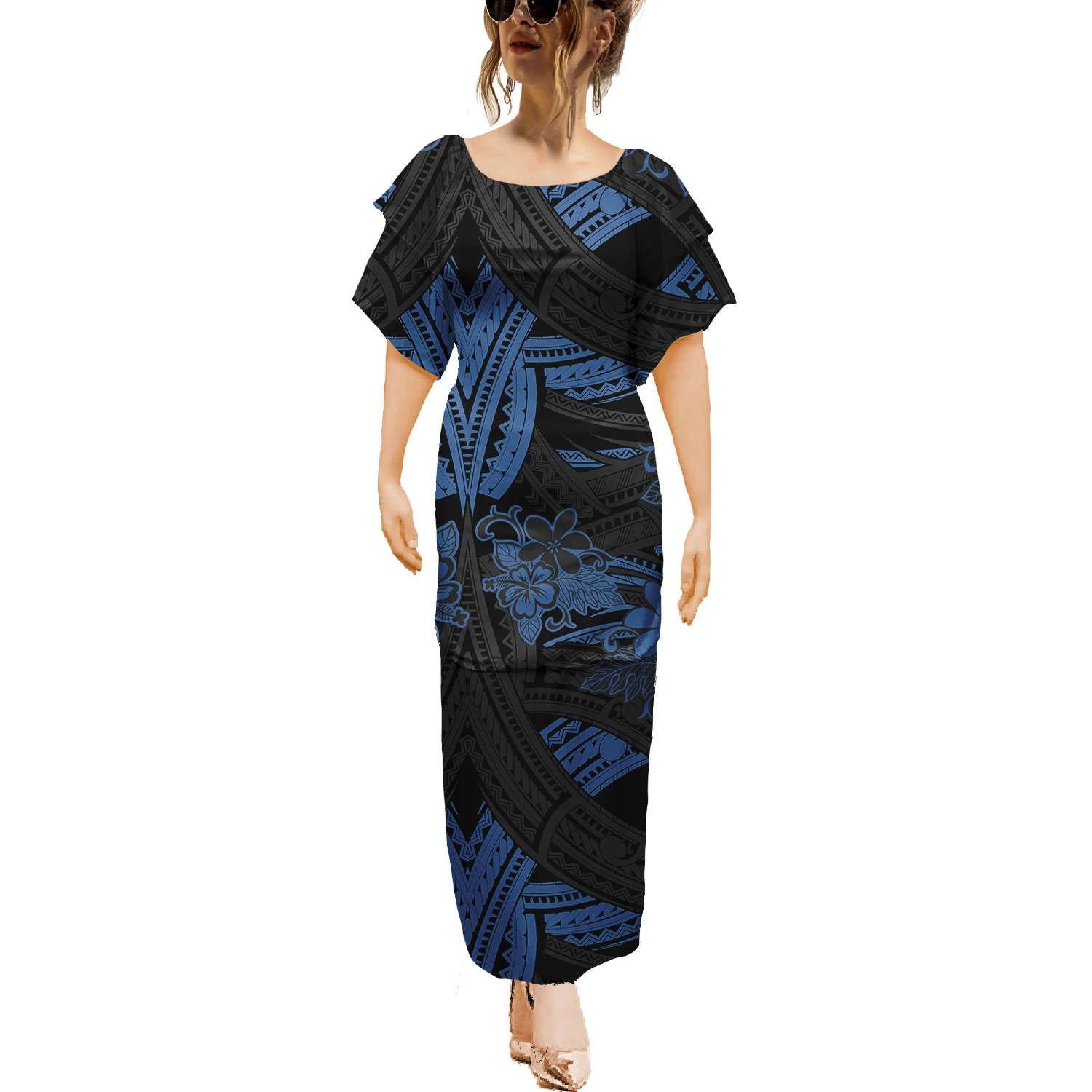 Venda quente samoa puletasi estilo elegante 2 peças ilha maxi vestido dupla camada manga polinésia plus size vestidos femininos