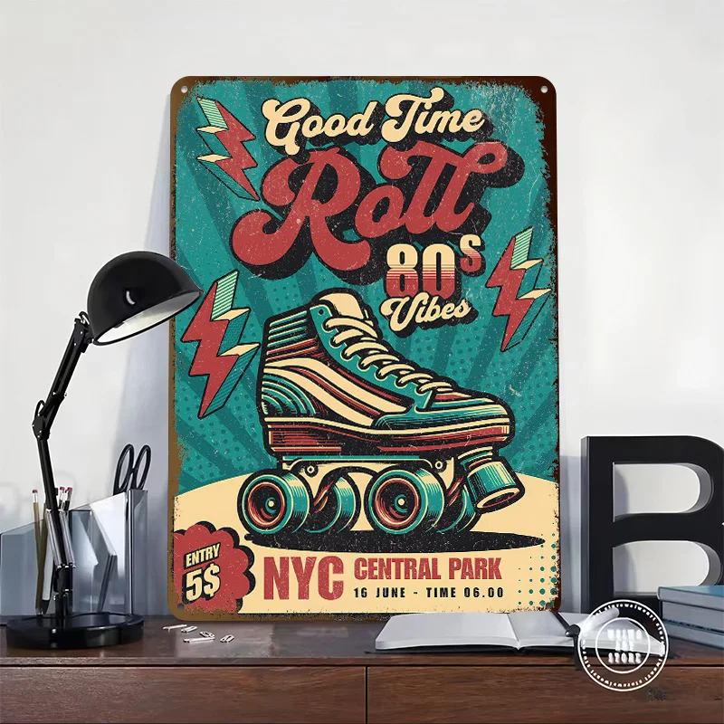 Vintage Retro 80s Roller Skate Party Tinplate Poster Customized Wall Art Vintage Metal Signs Retro Plates for Garage Decoration