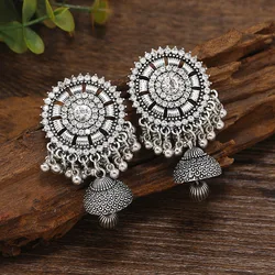Vintage Big Crystal Bells Tassel Drop Earrings for Women Bohemian Exotic Oxidized Silver Color Metal Statement Earrings Indian