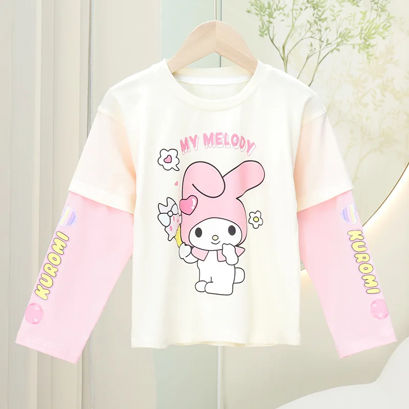 Sanrio Anime Kuromi Cinnamoroll My Melody Children Long Sleeve T-Shirt Autumn Fake Two Casual Cotton Tops Kids Clothes Girl Gift