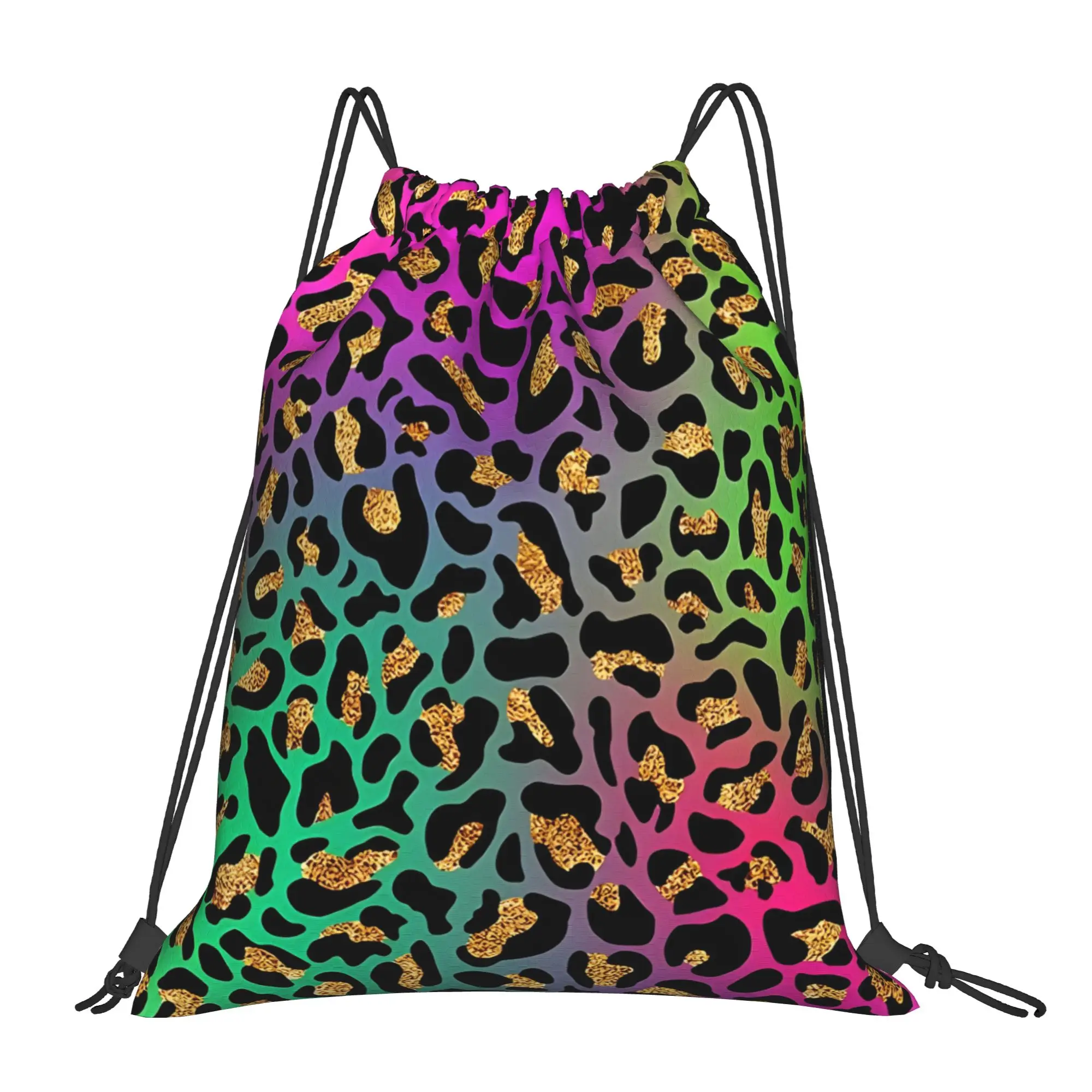 Neon Rainbow Leopard Animal Print V2 Leopard Print Drawstring Bags Shopping Unisex Storage Organize Bundle Pocket Rope Bag