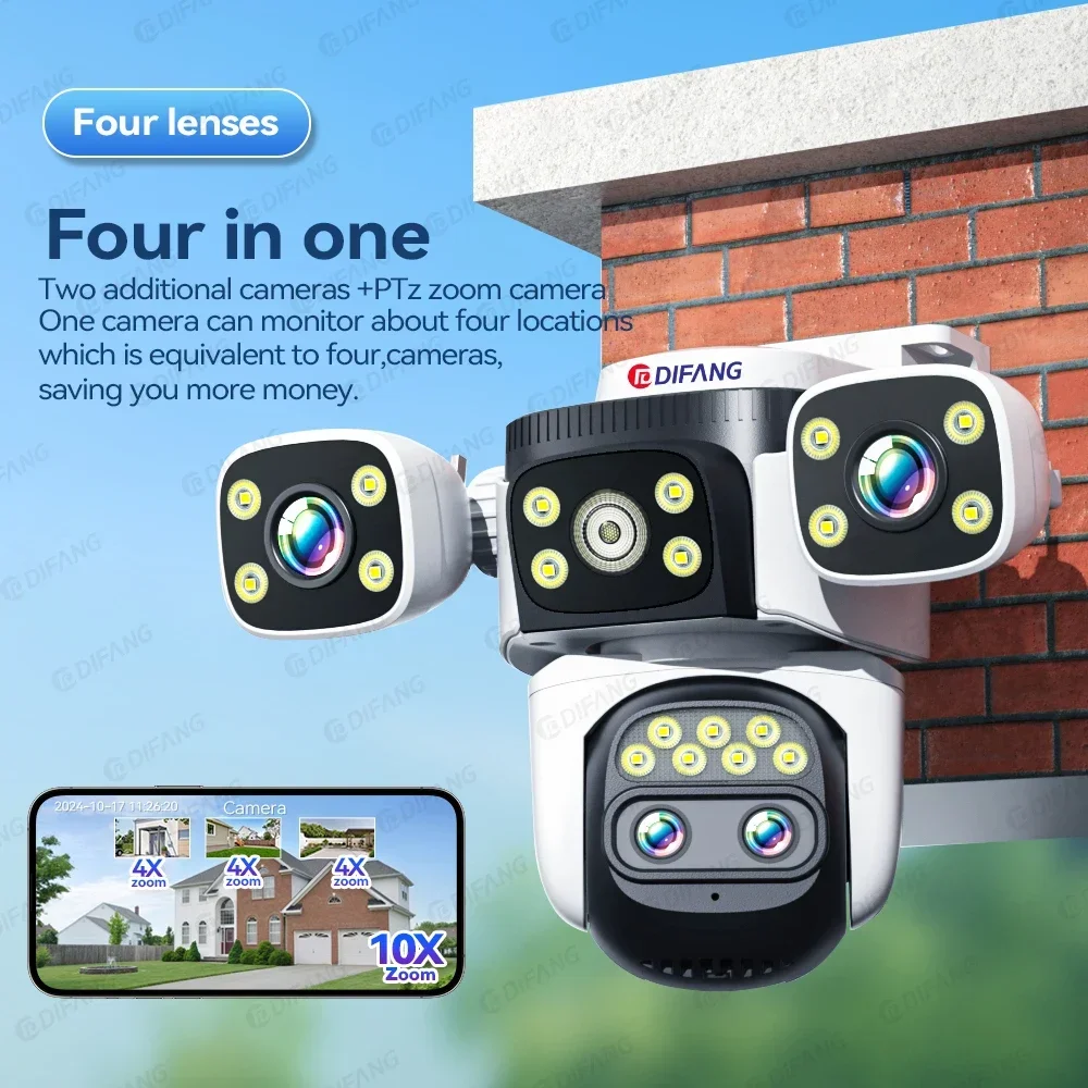 10K WiFi6 CCTV Camera Four Lens Four Screen 360° Home Surveillance Camera PTZ 10X Zoom Smart Video IP Security Camera 20MP