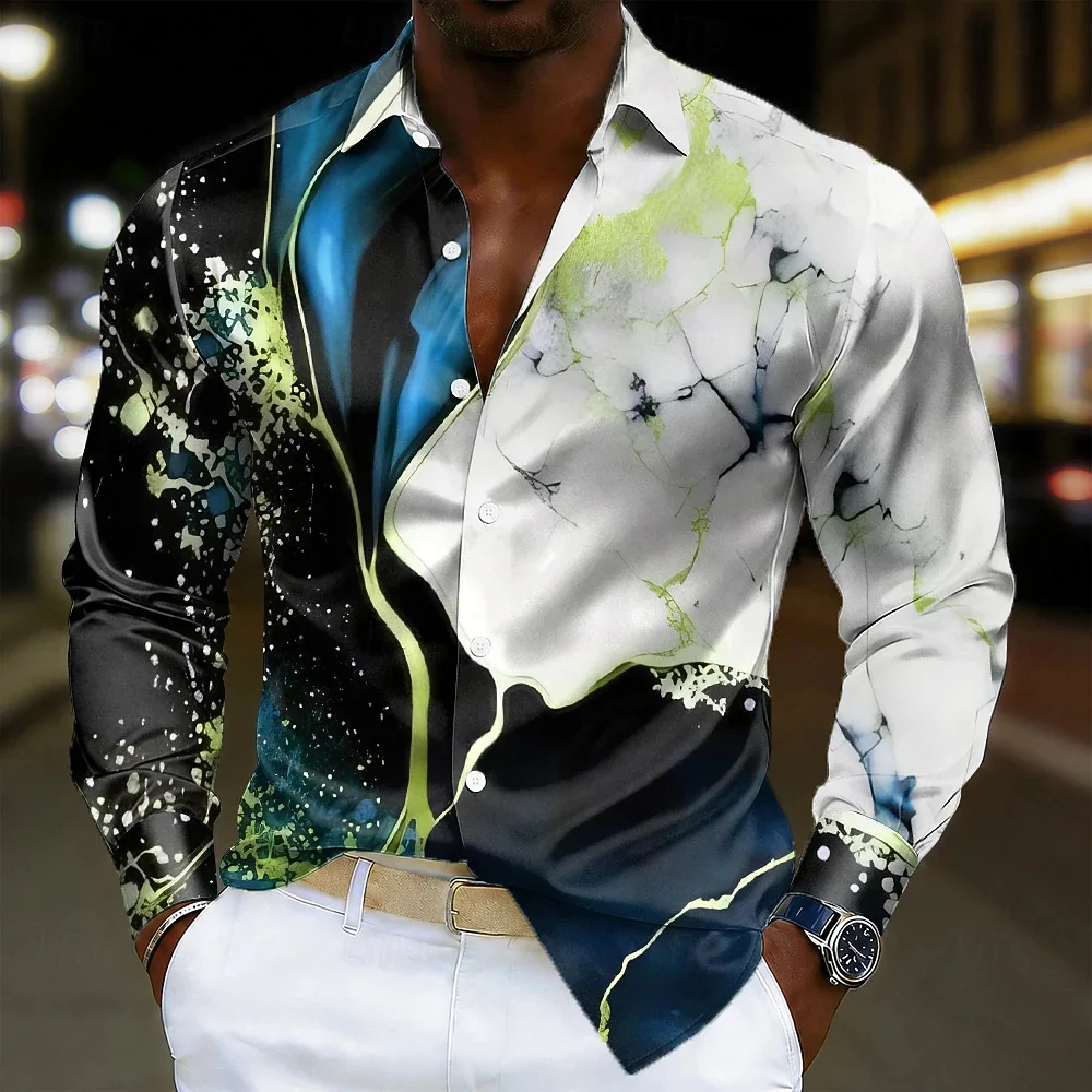 New Tibetan Blue Gilded Embroidered Flower 3D Printed Long Sleeve Shirt Light Luxury Elegant Men's Business Shirt