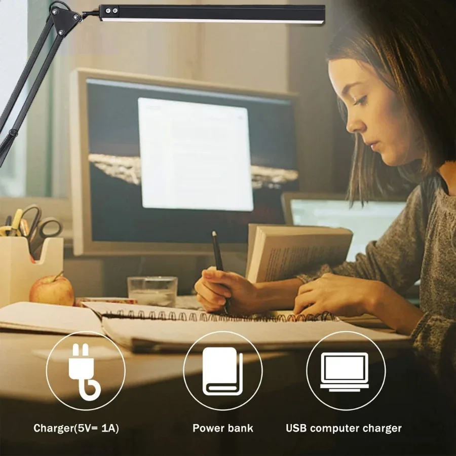 클램프가 있는 LED 책상 램프, 스윙 암 책상 램프, 10W 밝기, 3 단계 조명 모드, 밝기 조절 가능, 눈 보호 책상 조명, 신제품