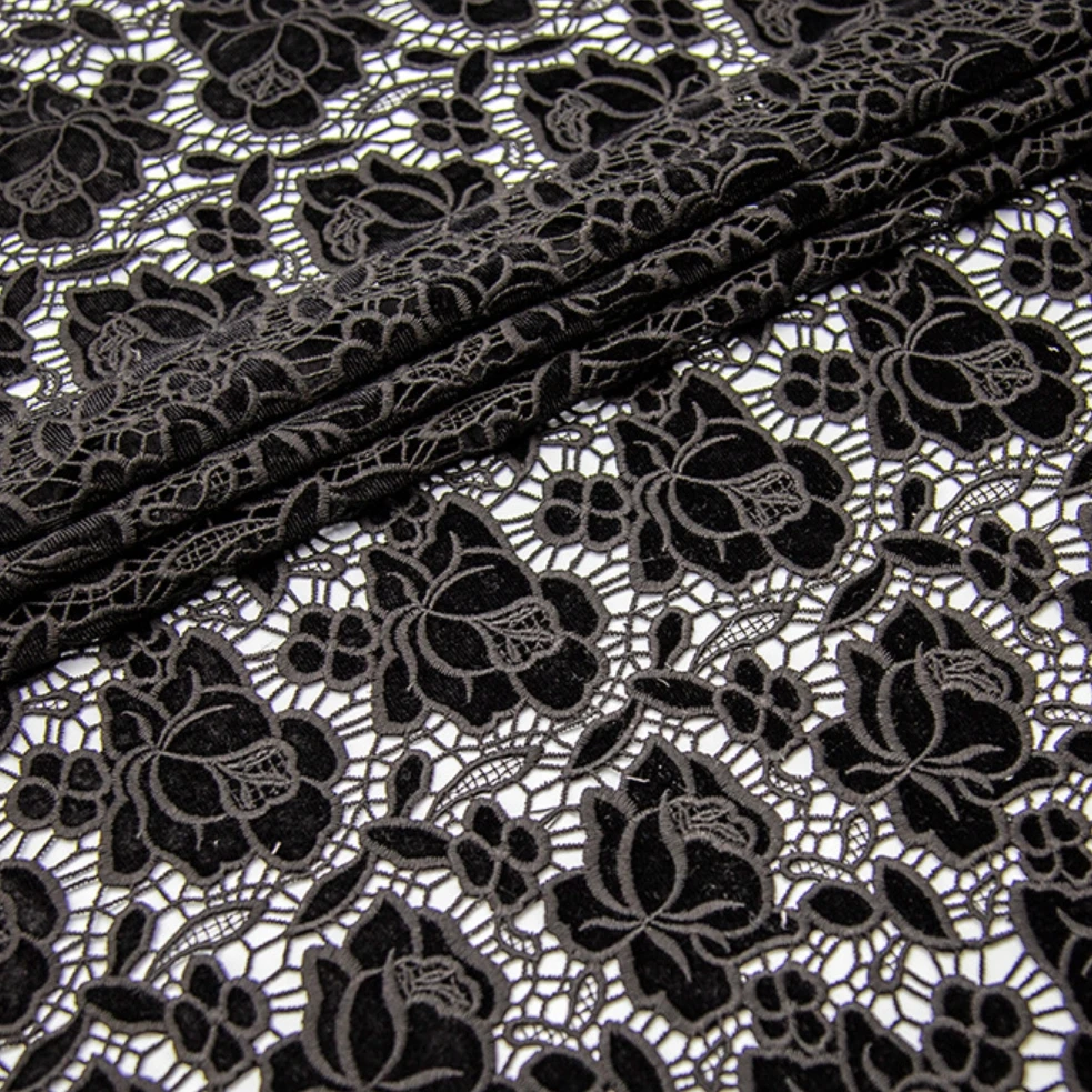 New Craft Rose Flannel Lace Black Laser Embroidered Velvet Milk Silk Lace For Woman Garment Lady Dress Clothing Sewing By 2 YDS