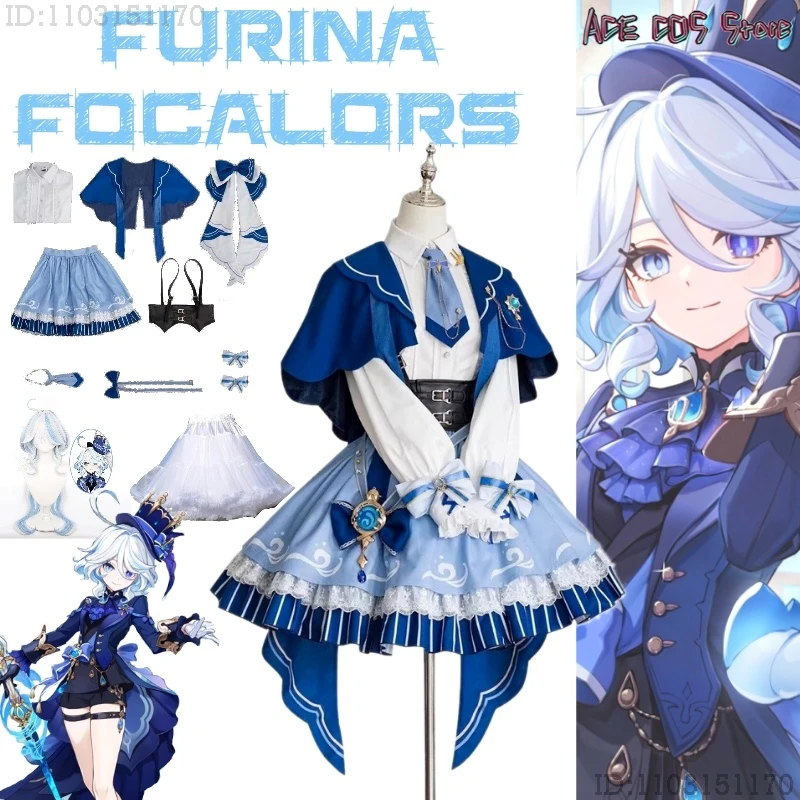 

Genshin Impact Game Furina Focalors One Персонаж Аква Дух с одеждой в западном стиле Косплей Костюм Игра Полный костюм