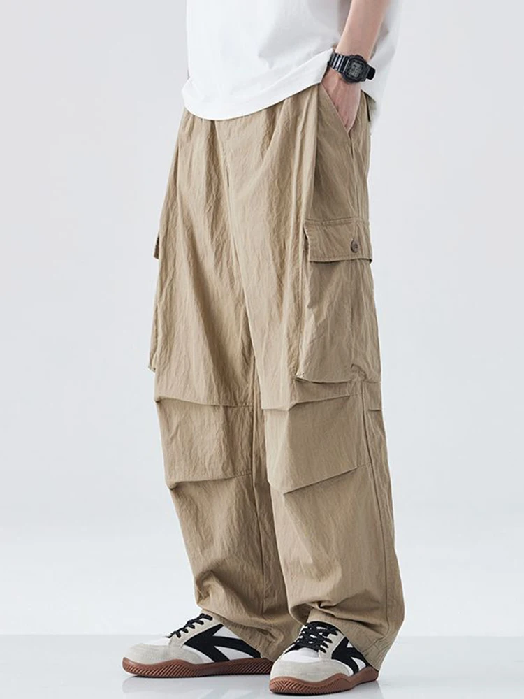 

GURBAKS Men's Outdoor Work Pants Summer Thin American Retro Trend Loose Wide Leg Casual Pants Breathable Straight Tube Jeans