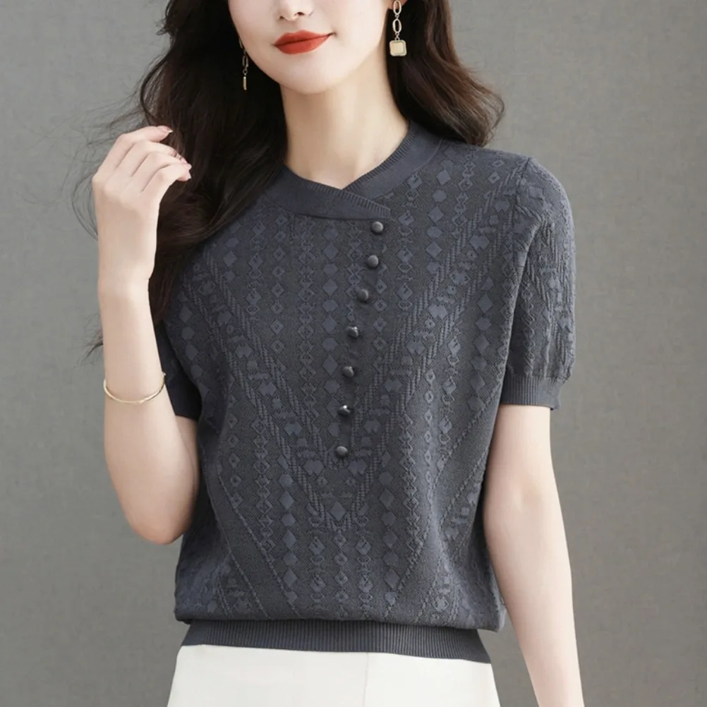 

Outlet Ice Silk Knitted ort Sve Thin Top Women's Belly Covering Mom T-irt Small irt Commute Sle Loose Fit Polyeste...