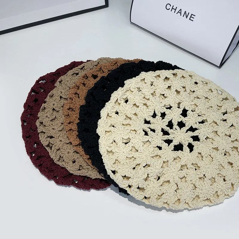 Hollow Breathable Knitting Beret caps for Women Spring Summer Handmade Hook Flower Design Artist Hat Fashion Mushroom Hat