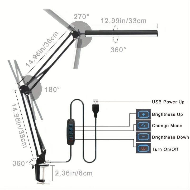 Zacisk lampy biurkowej LED z ramieniem wahadłowym USB Przyciemnialna lampa stołowa z 10 poziomami jasności i 3 trybami oświetlenia do sypialni w domu