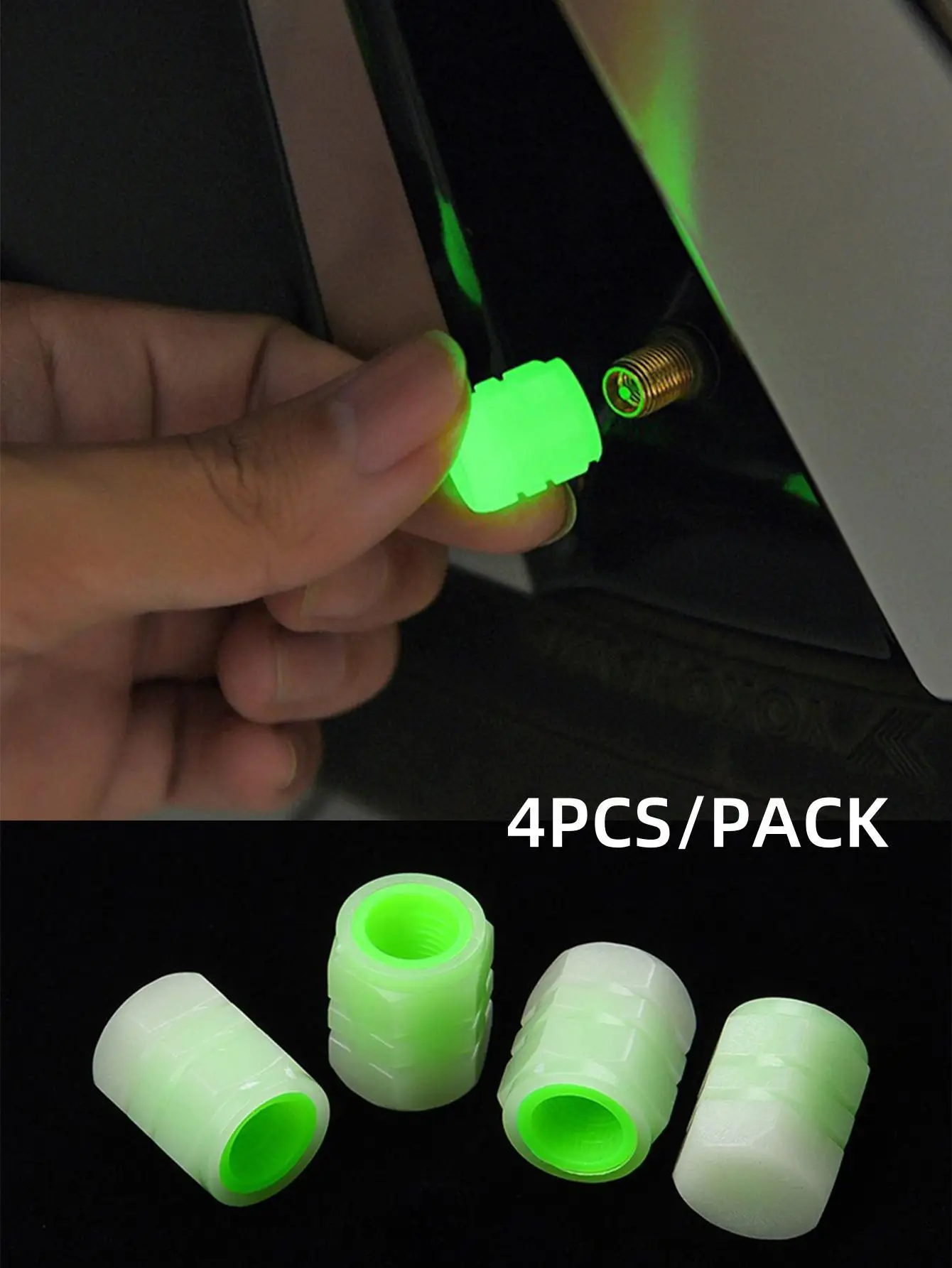 4pcs Fluorescent Green Car Night Light Type Tire Valve Cap Universal For Cars, Motorcycles, Bicycles, Electric Bikes, Etc.