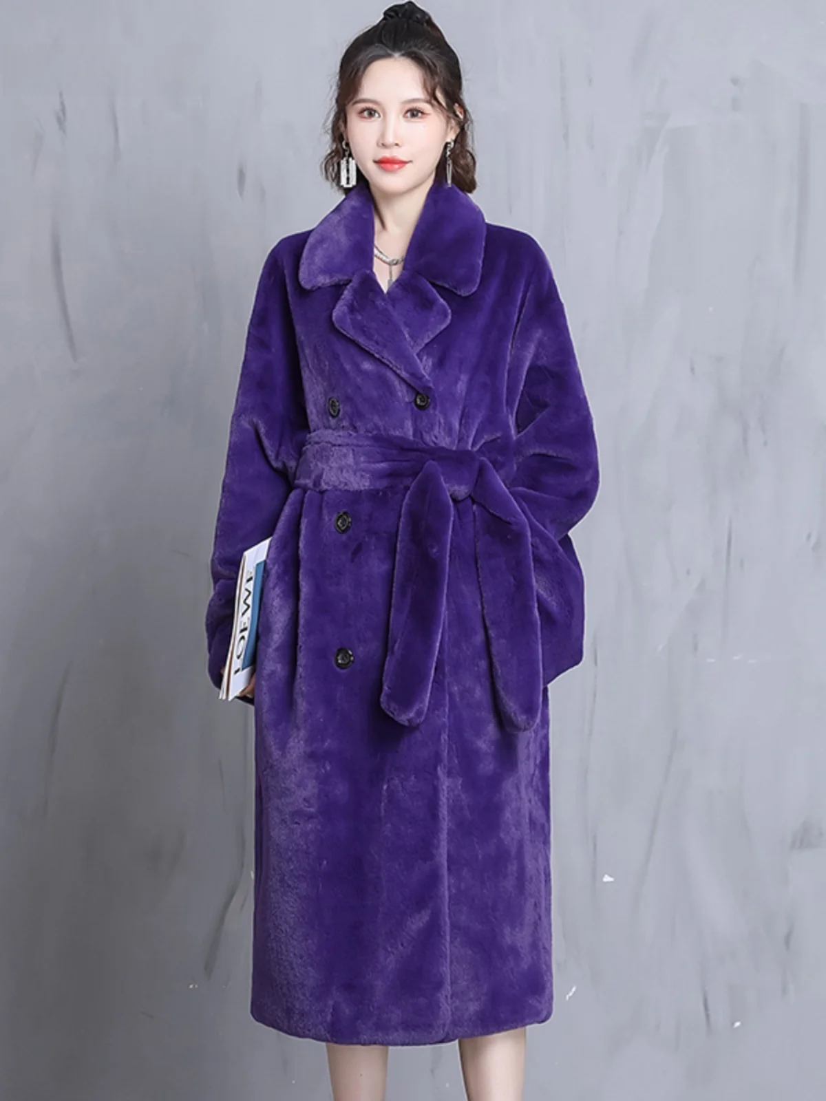 

Nerazzurri Purple Oversize Faux Fur Coat Women's Long Double-Breasted Belted Loose Plush Outerwear Korean Style Commute Wind