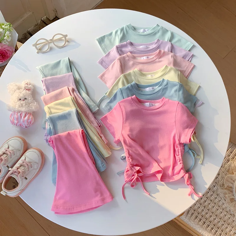 

Girls' Summer Drawstring Short-Sleeve Bell-Bottom Pants Set, Solid Color Two-Piece Fashionable Children's Summer Outfit2026New