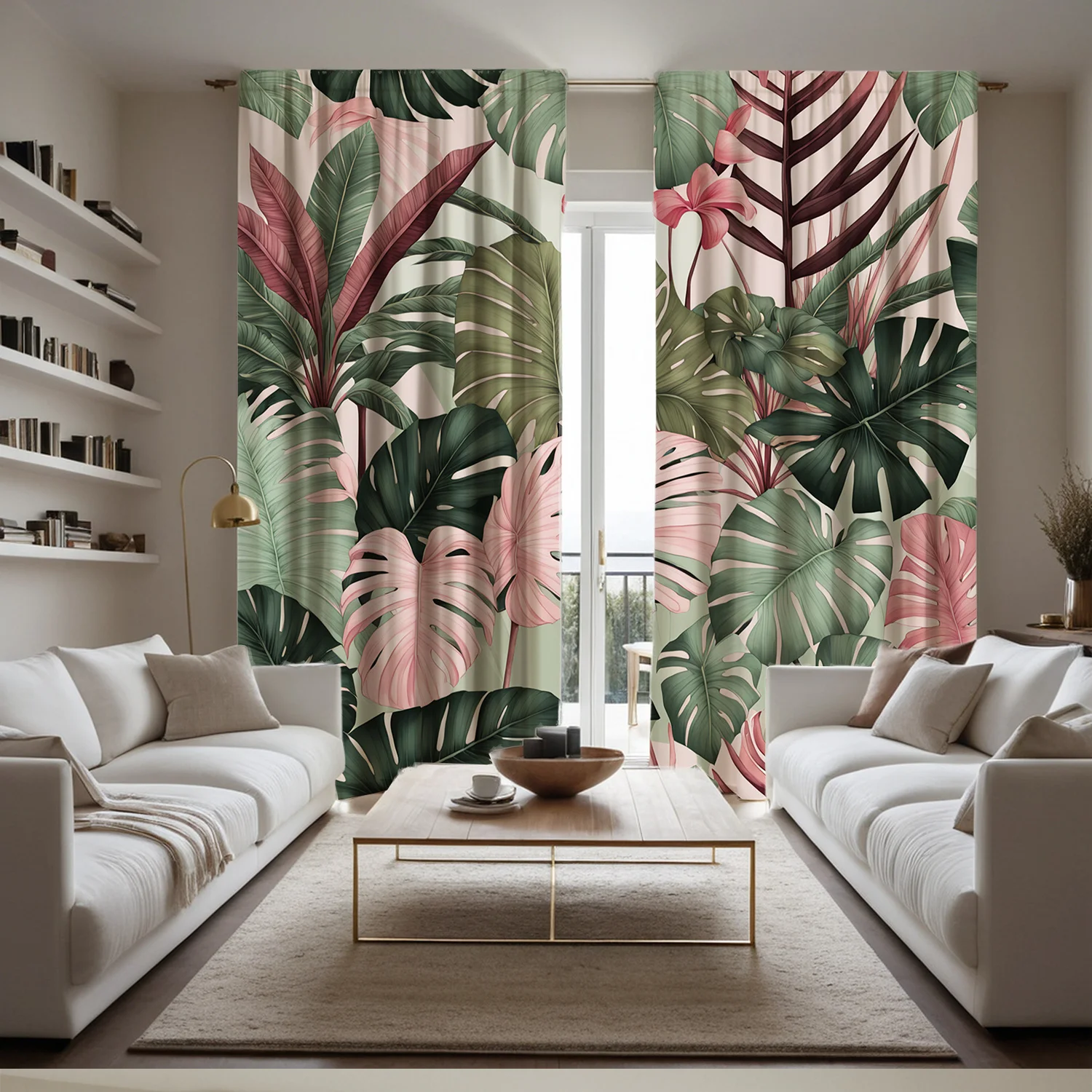 2pcs Tropical Paradise Print Curtains - Green & Pink Tropical Plant Design, Sheer Microfiber Polyester, Easy Slide Rod Pocket fo