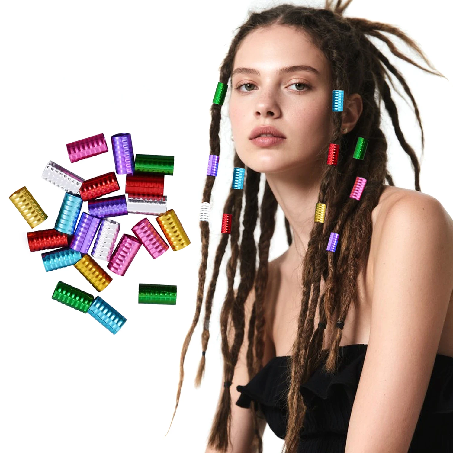 100pcs Mixed Color Dreadlock Beads Adjustable Hair Braid Cuff Clip 8mm Hole Aluminium Alloy Tube Lock StylingTool