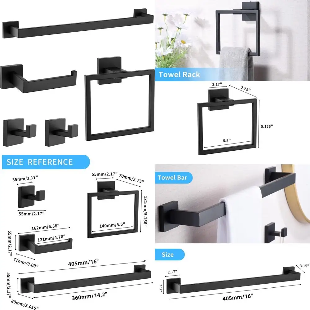 

Modern Matte Black 16 Stainless Steel 5-Piece Bath Hardware Set with Towel Rack & Accessories