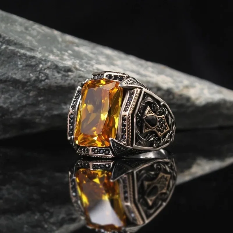 Jianjie 6/13 Size Men's Temperament Turkish Signet Rings Colored Cut Square Zircon Muslim Islam Retro Jewelry Accessories