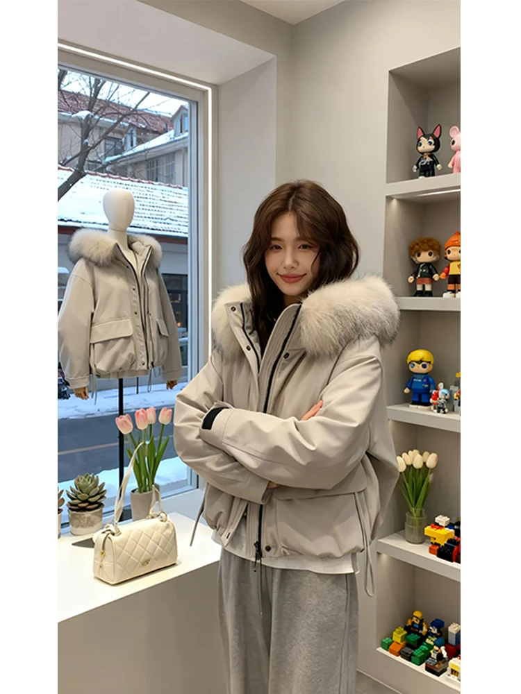 

Trendy Thiened Winter Workwear Jaet Women's Coat with Large Fur Collar Warm Cotton Top Korean Sle Loose Fit Long Sve