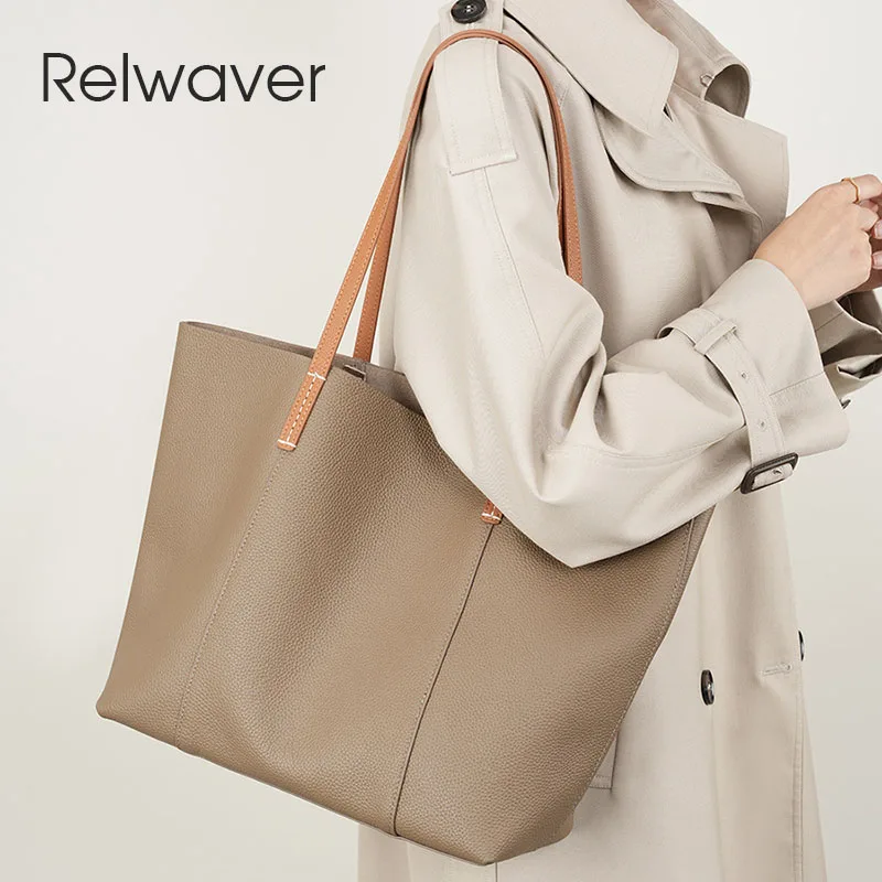 Relwaver-sacola de couro genuíno feminina, bolsa de couro de camada superior, bolsa de ombro, bolsa feminina grande e macia, outono e inverno, 2022