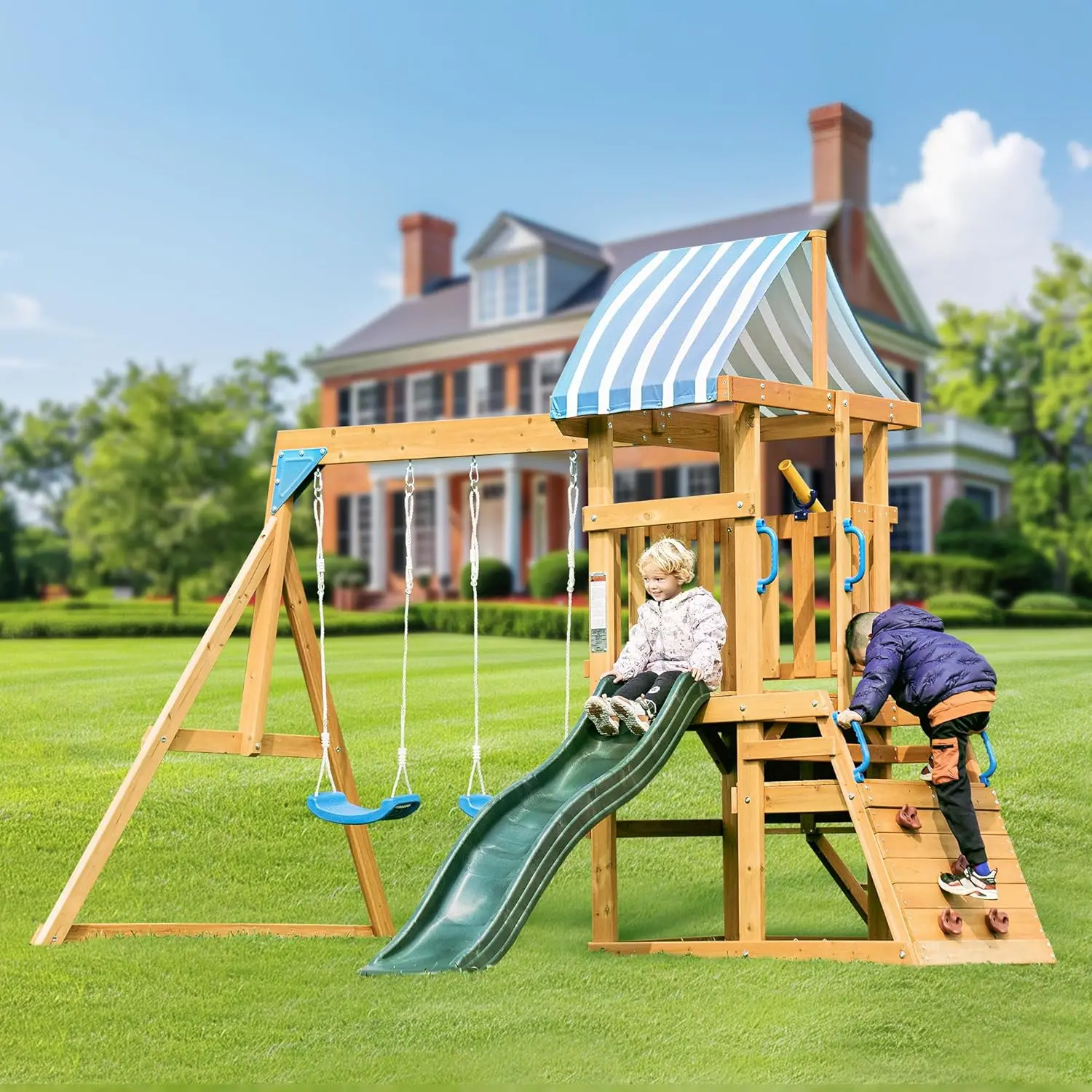 Robotime Robud Wooden Swing Set with Dual Swings Slide Rock Climbing Wall Chalkboard Telescope Fort for Backyard Fun for Kids