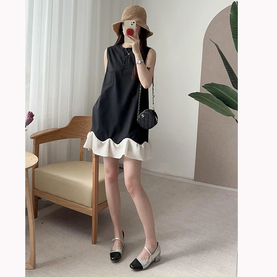 

Летние брюки A-Line от Selfwill Brand с кружевным подолом и широкими штанинами, черно-белые, с цветовыми блоками