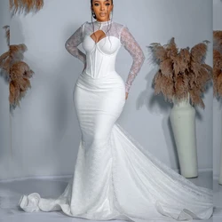 Spring Lace Mermaid Wedding Dresses for African Bride Hollow Long Sleeve Sweep Train Button Garden Civil Bridal Gowns Customized