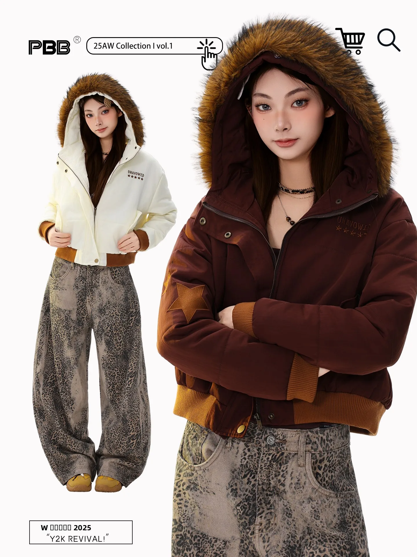 

PBB Women's Cotton Jaet with Big Fur Collar And Embroidery Warmth Star Retro Sle Streetwear Loose Fit Zipper Closure