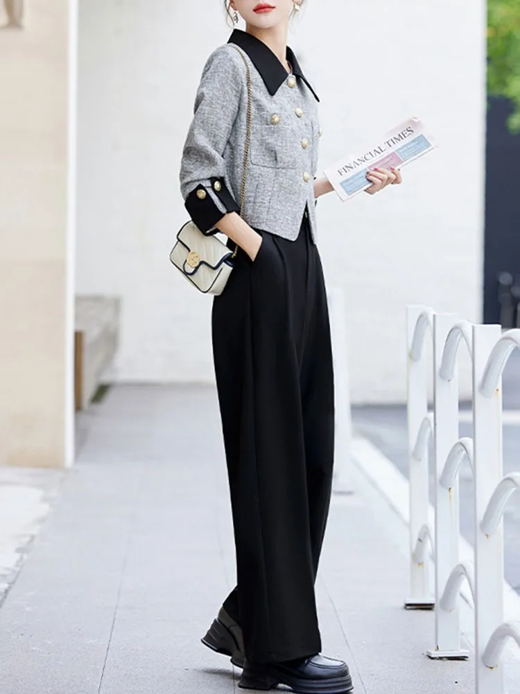 أزياء أنيقة متباينة اللون 2 قطعة مجموعة المرأة عارضة السراويل واسعة الساق Conjuntos واحدة الصدر البنطال القصير #4