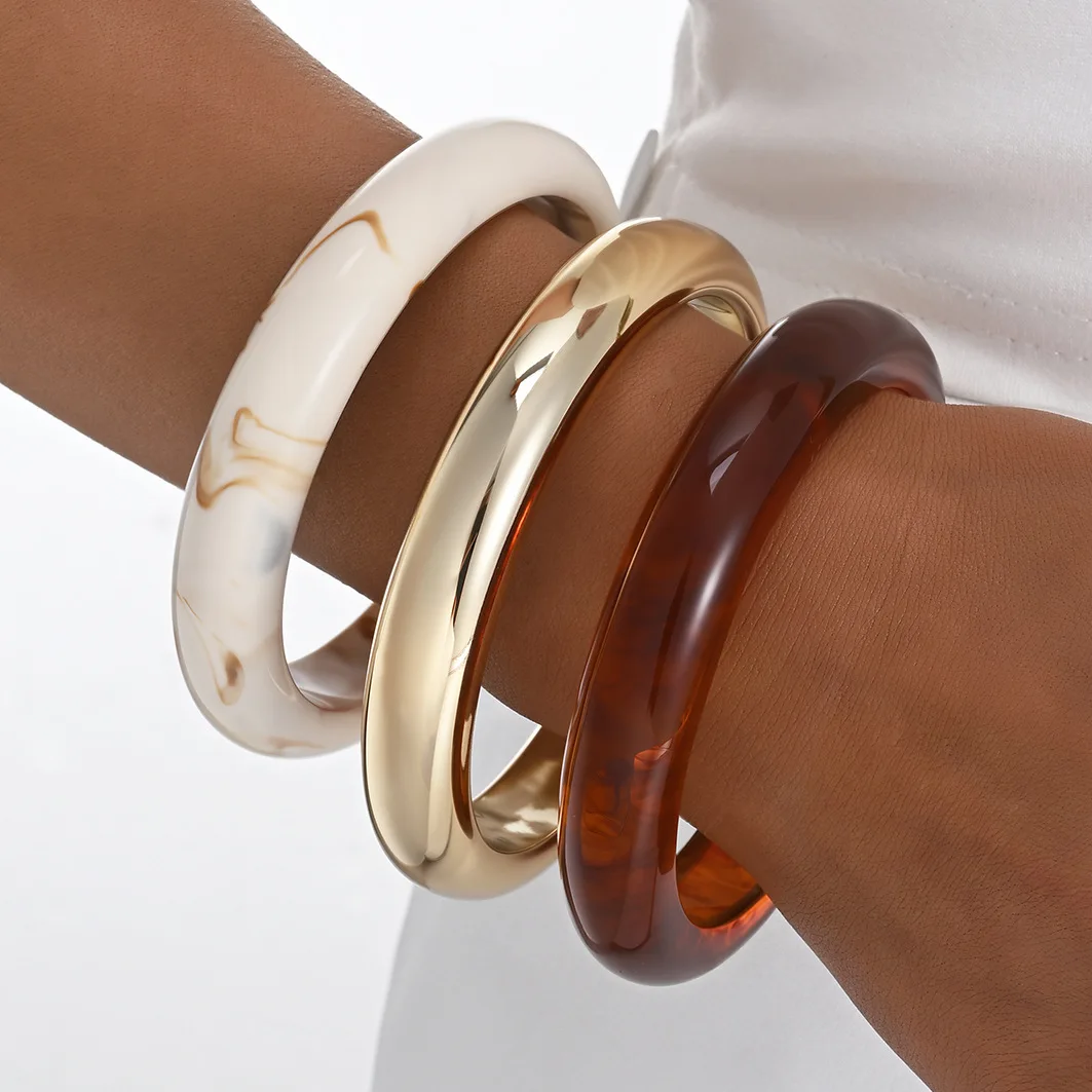 3-teiliges Set Trendige Acryl Runde Geometrische Übertriebene Chunky Armreifen für Frauen Harz Statement Charm Metall Armband Schmuck Geschenke – Detail 1