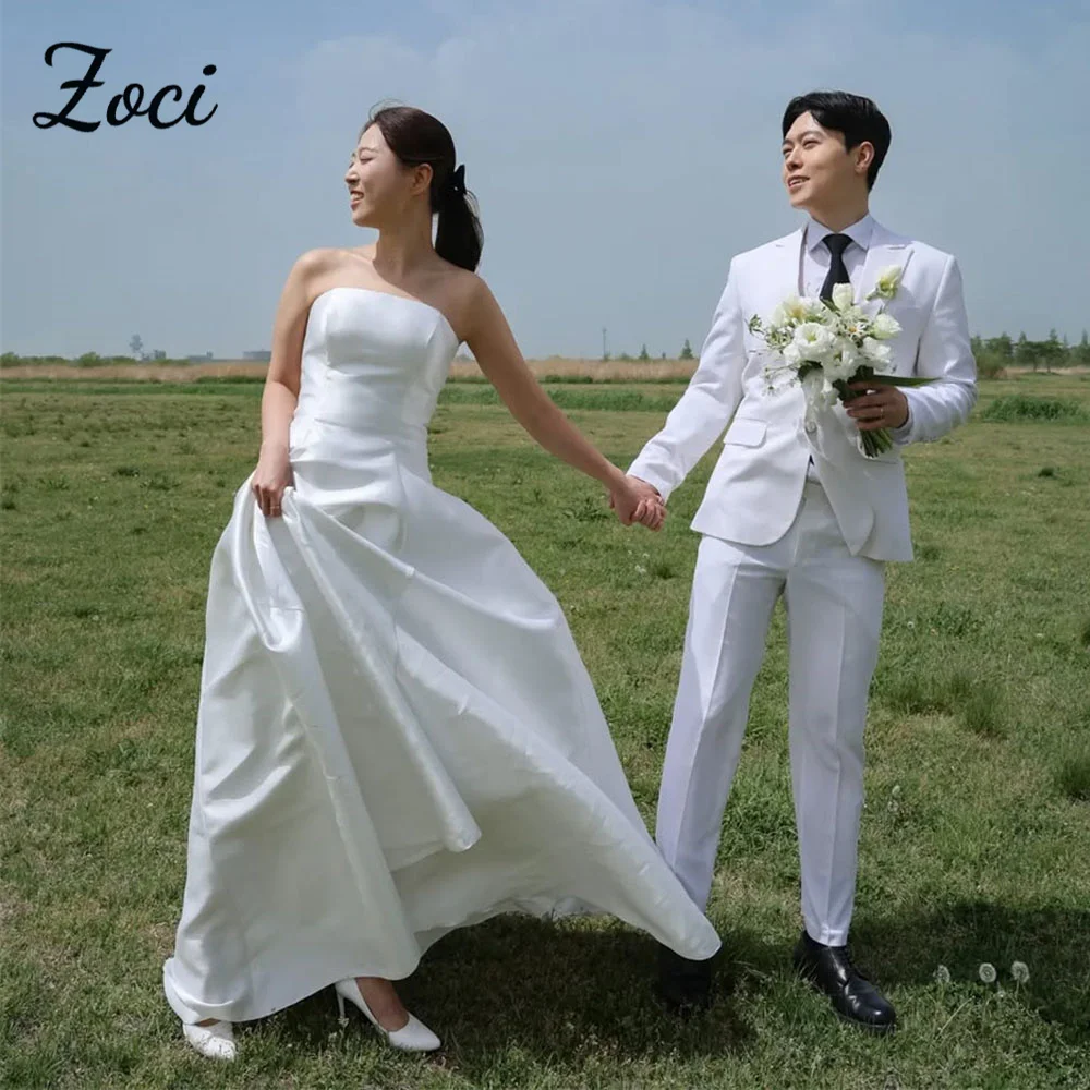 

Zoci Simple Strapless Korea Wedding Dresses Sleeveless Soft Satin Customized Bridal Gown Backless Corset Photos Shoot Dresses