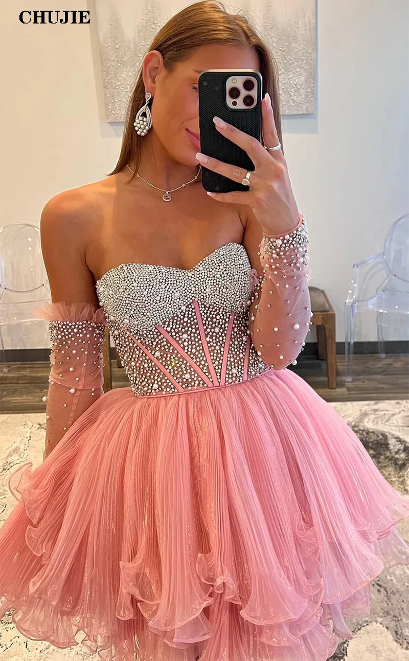 Beading Strapless Homecoming Dress Women Cocktail Dress Long Sleeves A Line Tiered Prom Gowns Lace Up Back Formal Occasion Gown