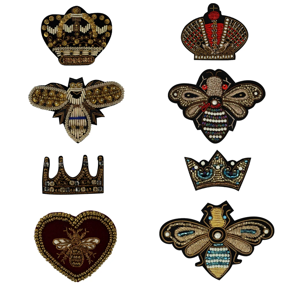 Crown Bee Heart Embroidery Crown Bee Badges Handmade India Silk Wire Patch Beaded Diamond Embroidered Applique Sewing Emblem