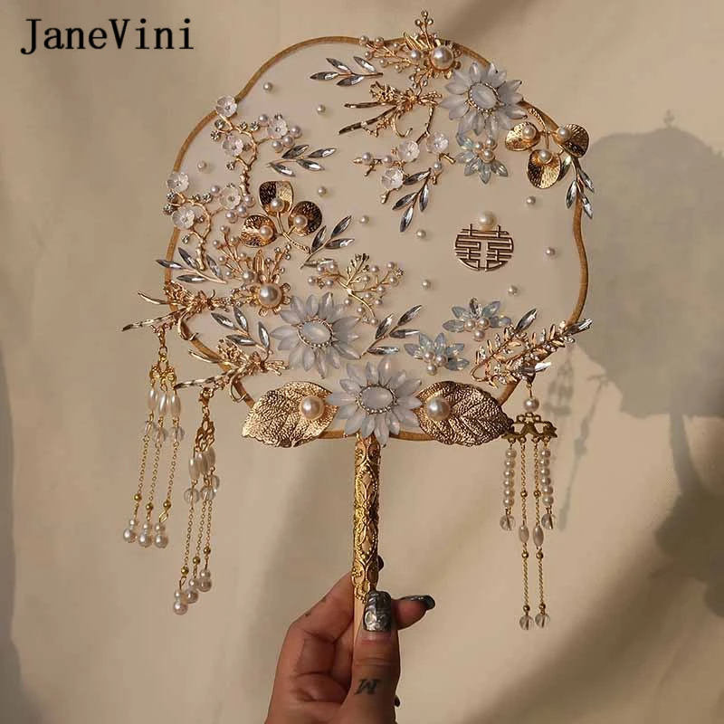 JaneVini Luxury Light Blue Crystal Chinese Bridal Hand Bouquets Fan Gold Tassel Artificial Flowers Metal Fan Wedding Accessories