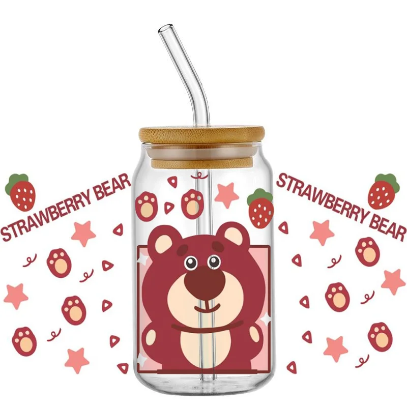 Miniso Cartoon Lucky Strawberry Bear 16OZ UV DTF Cup Wraps For Glass Libbey Can Bottle Selfadhesive Washable DIY Custom