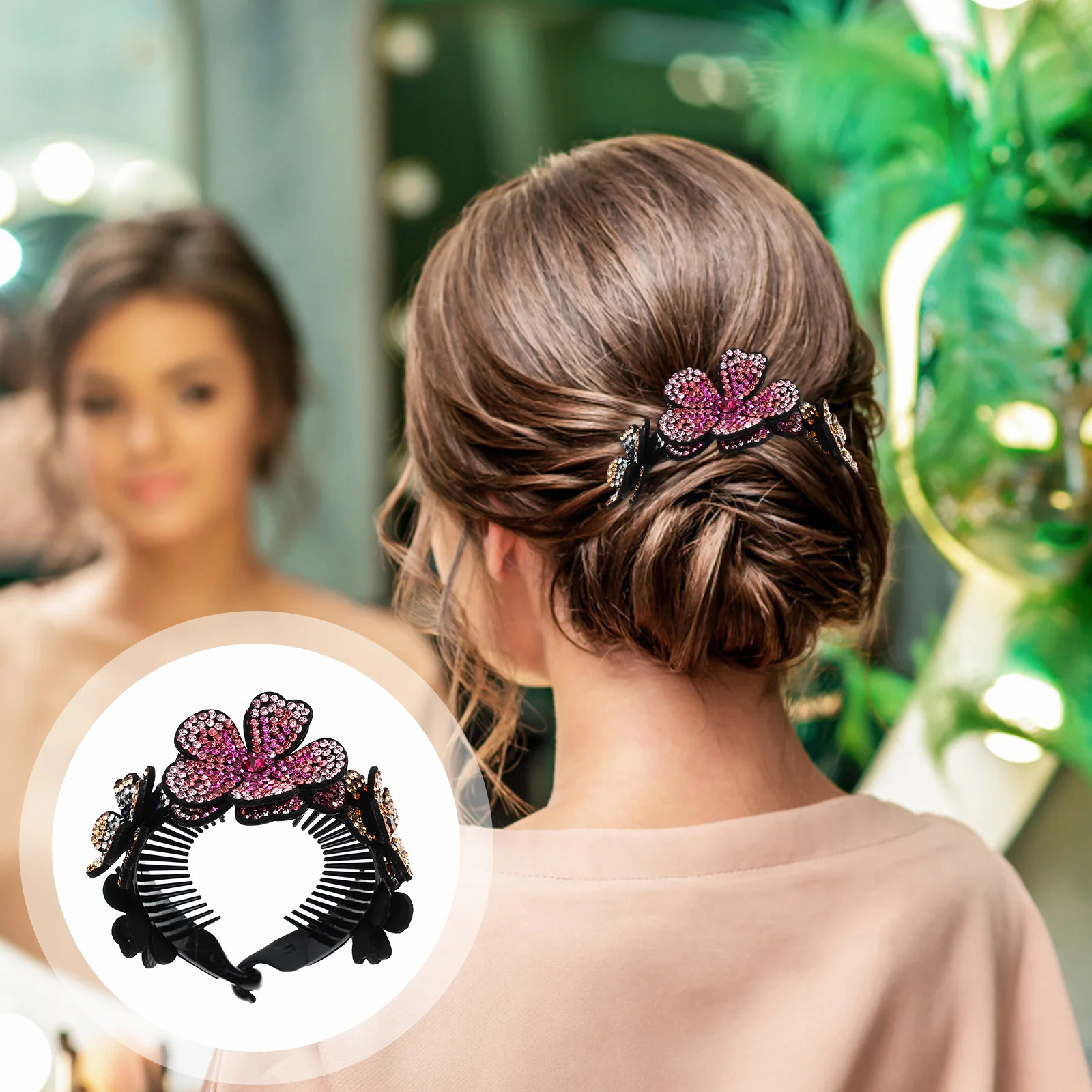 

Rhinestones Flower Clip Holder Ponytail Cuff Bun Styling Tool For Women Hair Bun Clip Accessories Fashion Hair Styler