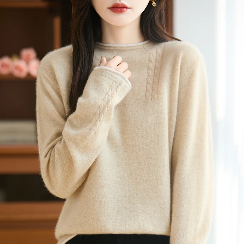 

New Women's Knitted 100% Merino Wool O-neck Sweater Comfortable and Versatile Autumn and Winter Women's Full Sleeves pullover