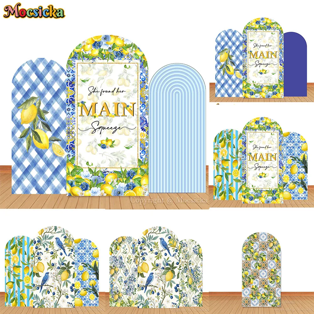 

Mocsicka She found her Main Squeeze Arch Backdrop Lemon Tiles Wedding Bridal Shower Background Blue White Porcelain Photozone