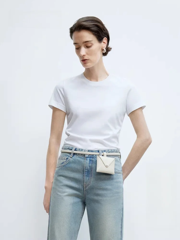 

Женская приталенная хлопковая футболка EditionT с коротким рукавом, стандартной ширины плеча, весна 2025, повседневный стиль, круглый вырез, топ